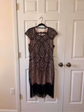 Beaded Black and Blush Fringe Midi Dress